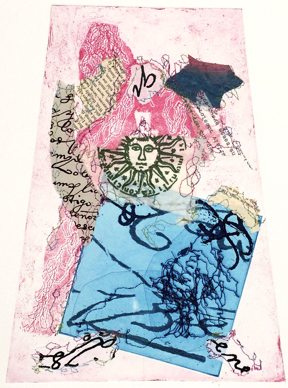 Sandra Fernandez, "Arlequina," Copper and polymer etching, silkscreen, relief, thread drawings and collage, 2013.